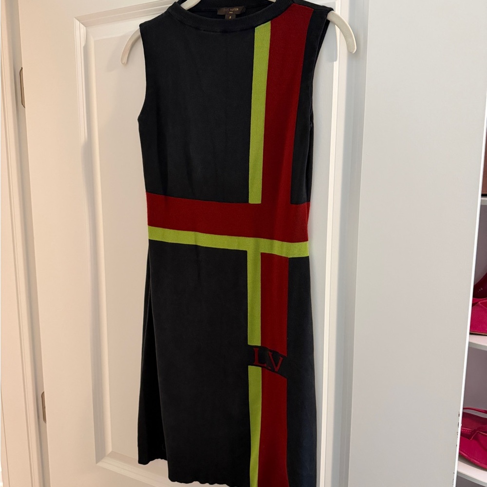 Louis Vuitton Black Midi Dress with Red and Lime Stripe Accents